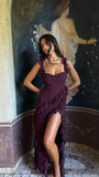 Gorgeous A line Square Neckline Grape Chiffon Slit Prom Dresses Formal Summer Wedding Guest Dresses Wedding Guest Outfits HZ1121