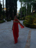 Gorgeous A line Strapless Red Chiffon Prom Dresses Formal Summer Wedding Guest Dresses Wedding Guest Outfits With Scarf HZ1121