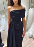 Classy Sheath Off The Shoulder Satin Navy Blue Prom Dresses Summer Wedding Guest Dresses Wedding Guest Outfits HZ1121