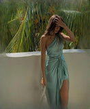 Classy Sheath One Shoulder Satin Blue Prom Dresses Summer Wedding Guest Dresses Wedding Guest Outfits HZ1121