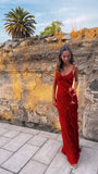 Classy A Line Spaghetti Straps Red Chiffon Prom Dresses Summer Wedding Guest Dresses Wedding Guest Outfits HZ1121