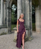 Gorgeous A line Square Neckline Grape Chiffon Slit Prom Dresses Formal Summer Wedding Guest Dresses Wedding Guest Outfit HZ1121
