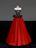Gorgeous Ball Gown Strapless Red Satin Long Prom Dress Party Dress Graduation Dresses HZ1121