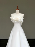 Unique Bridal Gown A line Strapless Satin White Wedding Dresses Minimalist Bridal Gowns HZ1121