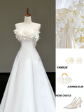 Unique Bridal Gown A line Strapless Satin White Wedding Dresses Minimalist Bridal Gowns HZ1121