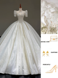 Princess Bridal Gown Ball Gown Sweetheart Short Sleeves White Sequin Wedding Dresses Bridal Gowns HZ1121