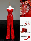 Gorgeous Sheath Sweetheart Sequin Red Slit Long Prom Dress Party Dress Graduation Dresses HZ1121