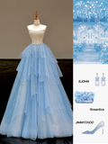 Stunning Ball Gown Strapless Blue Tulle Long Prom Dress Party Dress Graduation Dresses HZ1121