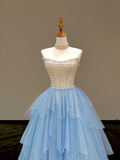 Stunning Ball Gown Strapless Blue Tulle Long Prom Dress Party Dress Graduation Dresses HZ1121