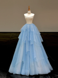 Stunning Ball Gown Strapless Blue Tulle Long Prom Dress Party Dress Graduation Dresses HZ1121