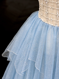 Stunning Ball Gown Strapless Blue Tulle Long Prom Dress Party Dress Graduation Dresses HZ1121