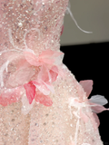 Stunning Ball Gown High Neckline Pink Sequin Long Prom Dress Party Dress Graduation Dresses HZ1121
