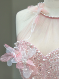 Stunning Ball Gown High Neckline Pink Sequin Long Prom Dress Party Dress Graduation Dresses HZ1121