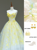 Stunning Ball Gown Sweetheart Yellow Tulle Floral Long Prom Dress Party Dress Graduation Dresses HZ1121