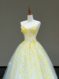 Stunning Ball Gown Sweetheart Yellow Tulle Floral Long Prom Dress Party Dress Graduation Dresses HZ1121
