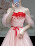 Gorgeous A line Off The Shoulder Pink Tulle Long Prom Dress Party Dress Graduation Dresses HZ1121