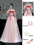 Gorgeous A line Off The Shoulder Pink Tulle Long Prom Dress Party Dress Graduation Dresses HZ1121
