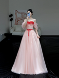Gorgeous A line Off The Shoulder Pink Tulle Long Prom Dress Party Dress Graduation Dresses HZ1121