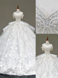 Classy Elegant Ball Gown Off The Shoulder Sequin White Short Sleeves Wedding Dress Winter Brides Dress HZ1121