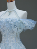 Gorgeous A line Off The Shoulder Blue Sequin Long Prom Dress Party Dress Graduation Dresses HZ1121