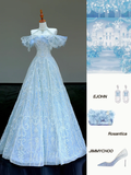Gorgeous A line Off The Shoulder Blue Sequin Long Prom Dress Party Dress Graduation Dresses HZ1121
