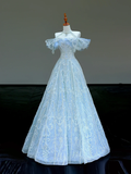 Gorgeous A line Off The Shoulder Blue Sequin Long Prom Dress Party Dress Graduation Dresses HZ1121