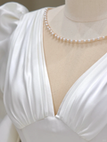 Princess Bridal Gown Ball Gown Scoop Satin White Pearls Wedding Dresses With Bow-knot Bridal Gowns HZ1121