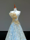 Gorgeous A line Spaghetti Straps Blue Sequin Long Prom Dress Party Dress Graduation Dresses HZ1121
