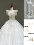 Princess Bridal Gown Ball Gown Scoop Sequin White Beads Wedding Dresses With Sleeves Bridal Gowns HZ1121