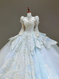 Princess Bridal Gown Ball Gown High Neckline Blue Sequin Beads Wedding Dresses Bridal Gowns HZ1121