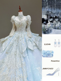 Princess Bridal Gown Ball Gown High Neckline Blue Sequin Beads Wedding Dresses Bridal Gowns HZ1121