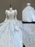 Princess Bridal Gown Ball Gown High Neckline Blue Sequin Beads Wedding Dresses Winter Bridal Gowns HZ1121