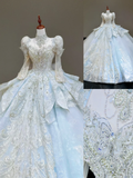Princess Bridal Gown Ball Gown High Neckline Blue Sequin Beads Wedding Dresses Winter Bridal Gowns HZ1121