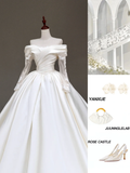 Timeless Bridal Gown Ball Gown Off The Shoulder Satin Long Sleeves Wedding Dresses Bridal Gowns HZ1121