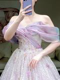 Gorgeous A line Off The Shoulder Lilac Sequin Long Prom Dress Party Dress Graduation Dresses HZ1121