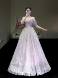 Gorgeous A line Off The Shoulder Lilac Sequin Long Prom Dress Party Dress Graduation Dresses HZ1121
