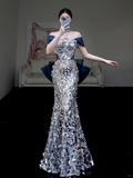 Pretty Mermaid Off The Shoulder Gray Sequin Long Prom Dress Party Dress Graduation Dresses HZ1121