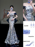 Pretty Mermaid Off The Shoulder Gray Sequin Long Prom Dress Party Dress Graduation Dresses HZ1121