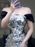 Pretty Mermaid Off The Shoulder Gray Sequin Long Prom Dress Party Dress Graduation Dresses HZ1121