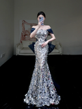 Pretty Mermaid Off The Shoulder Gray Sequin Long Prom Dress Party Dress Graduation Dresses HZ1121