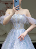 Elegant Glamour Ball Gown Blue Sequin Tulle Long Prom Dress Party Dress Evening Dresses HZ1121