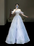 Elegant Glamour Ball Gown Blue Sequin Tulle Long Prom Dress Party Dress Evening Dresses HZ1121