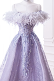 Elegant Glamour Ball Gown Off The Shoulder Lilac Feathers Prom Dress Party Dress Evening Dresses HZ1121