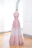 Elegant Glamour A Line Halter Pink Sequin Prom Gowns Party Dress Evening Dresses HZ1121