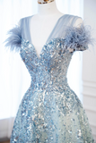 Elegant Glamour Ball Gown V Neckline Tulle Green Blue Prom Dress Party Dress Evening Dresses HZ1121