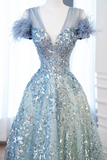 Elegant Glamour Ball Gown V Neckline Tulle Green Blue Prom Dress Party Dress Evening Dresses HZ1121