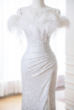 Classy Mermaid White Off The Shoulder Sequin Long Evening Gowns Party Dress Evening Dresses HZ1121