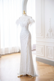 Classy Mermaid White Off The Shoulder Sequin Long Evening Gowns Party Dress Evening Dresses HZ1121