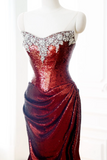 Classy Mermaid Burgundy Sequin Long Evening Gowns Party Dress Evening Dresses HZ1121