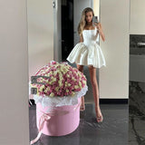 Cute A line White Straps Short Summer Birthday Dress Hoco Dress Birthday Outfit 19th Birthday Mini Party Dresses HZ1121